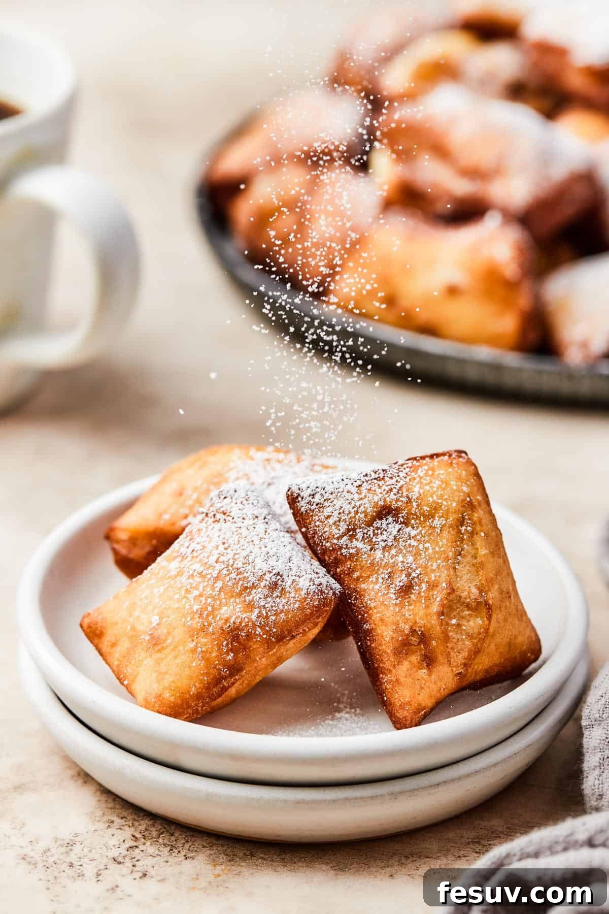 French Quarter Powdery Delights 10 sprinkling powdered sugar over three beignets set on white plates.