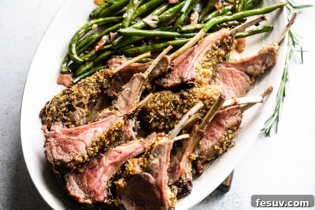 Elegant Herb-Crusted Lamb Rack 6 Close-up side view of beautifully roasted, breadcrumb-coated lamb chops on a serving platter, accompanied by fresh green beans.