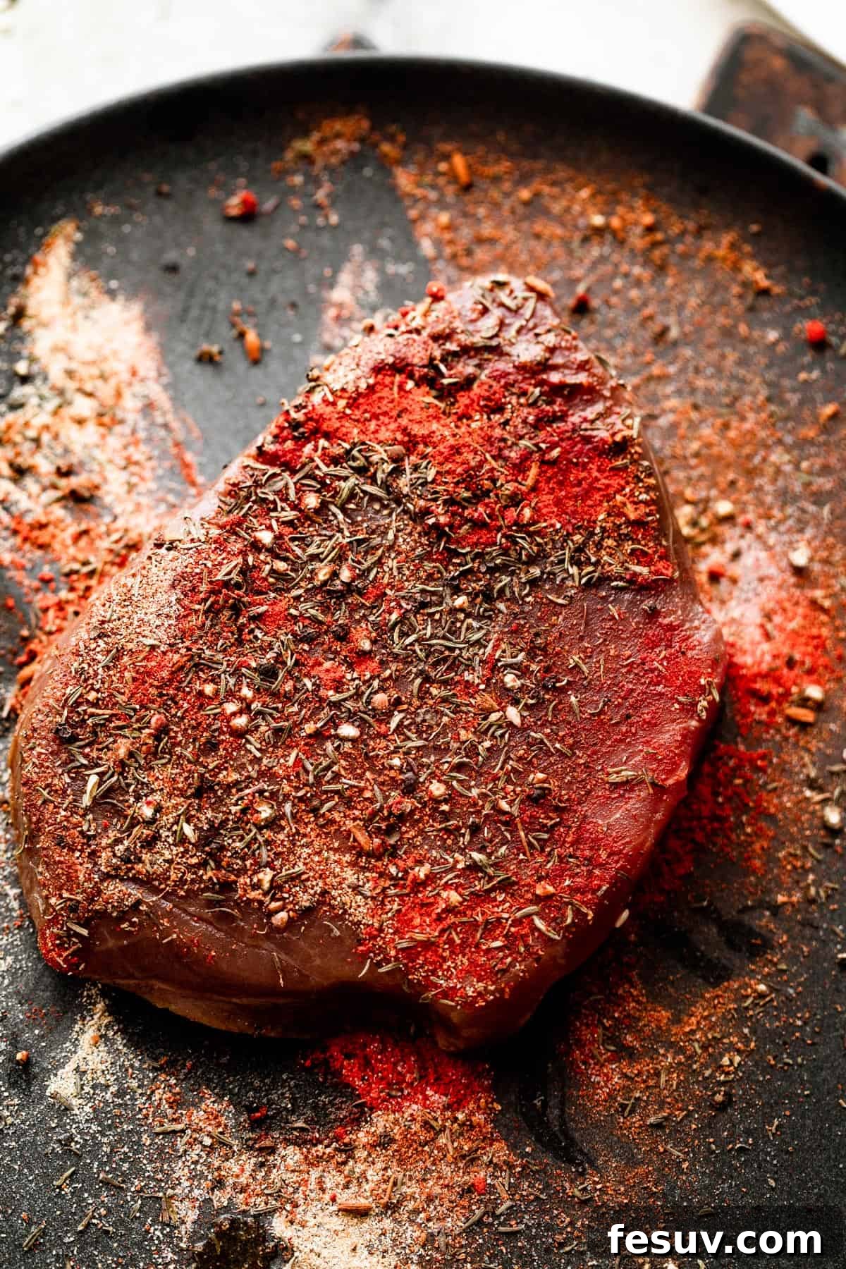 Raw ahi tuna steak seasoned generously with a dry Cajun rub, ready for searing.
