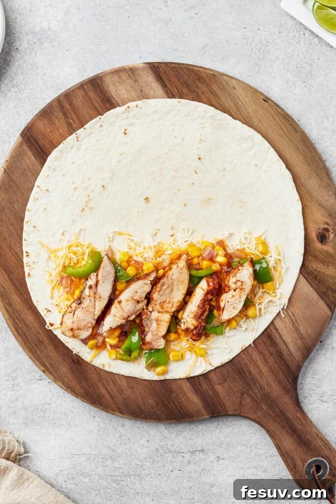 A tortilla with cheese, chicken, and vegetables on one half.