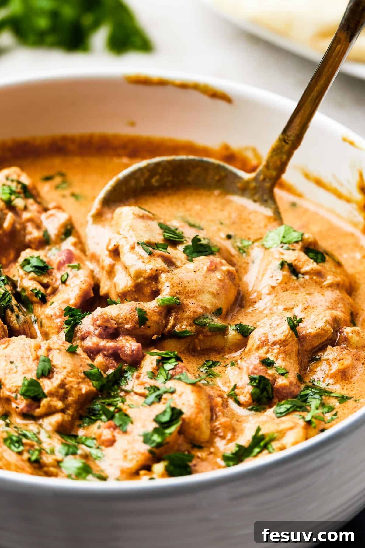 Close-up shot of Indian butter chicken in a white dish, showing the texture of the chicken.