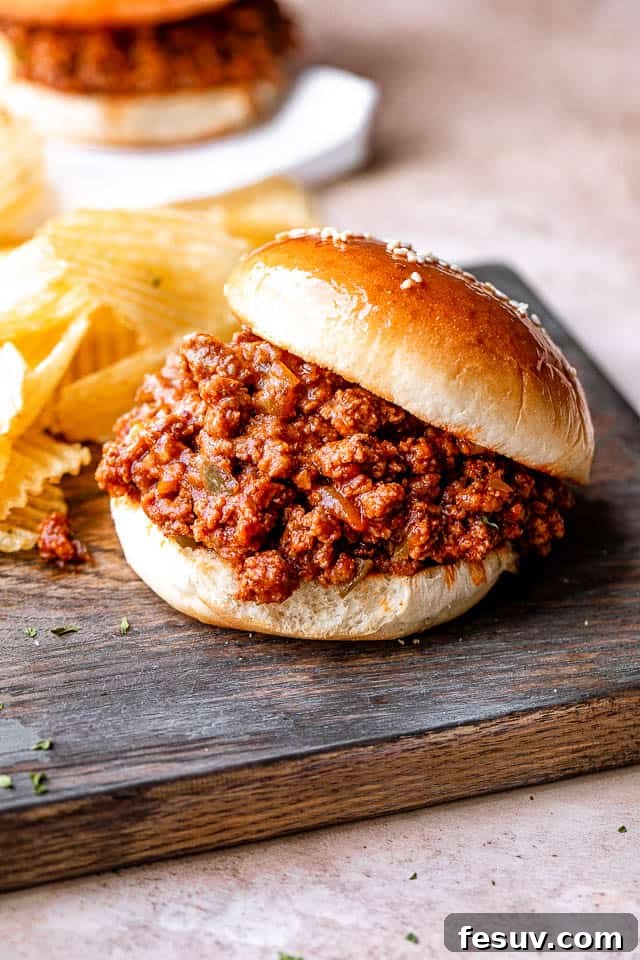 A hearty sloppy joe sandwich on a toasted bun, accompanied by crispy potato chips, making a complete and satisfying meal.