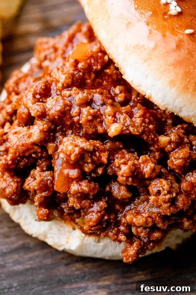 Close up of a perfectly constructed homemade sloppy joe, nestled in a buttery, toasted bun, highlighting the rich and saucy filling.