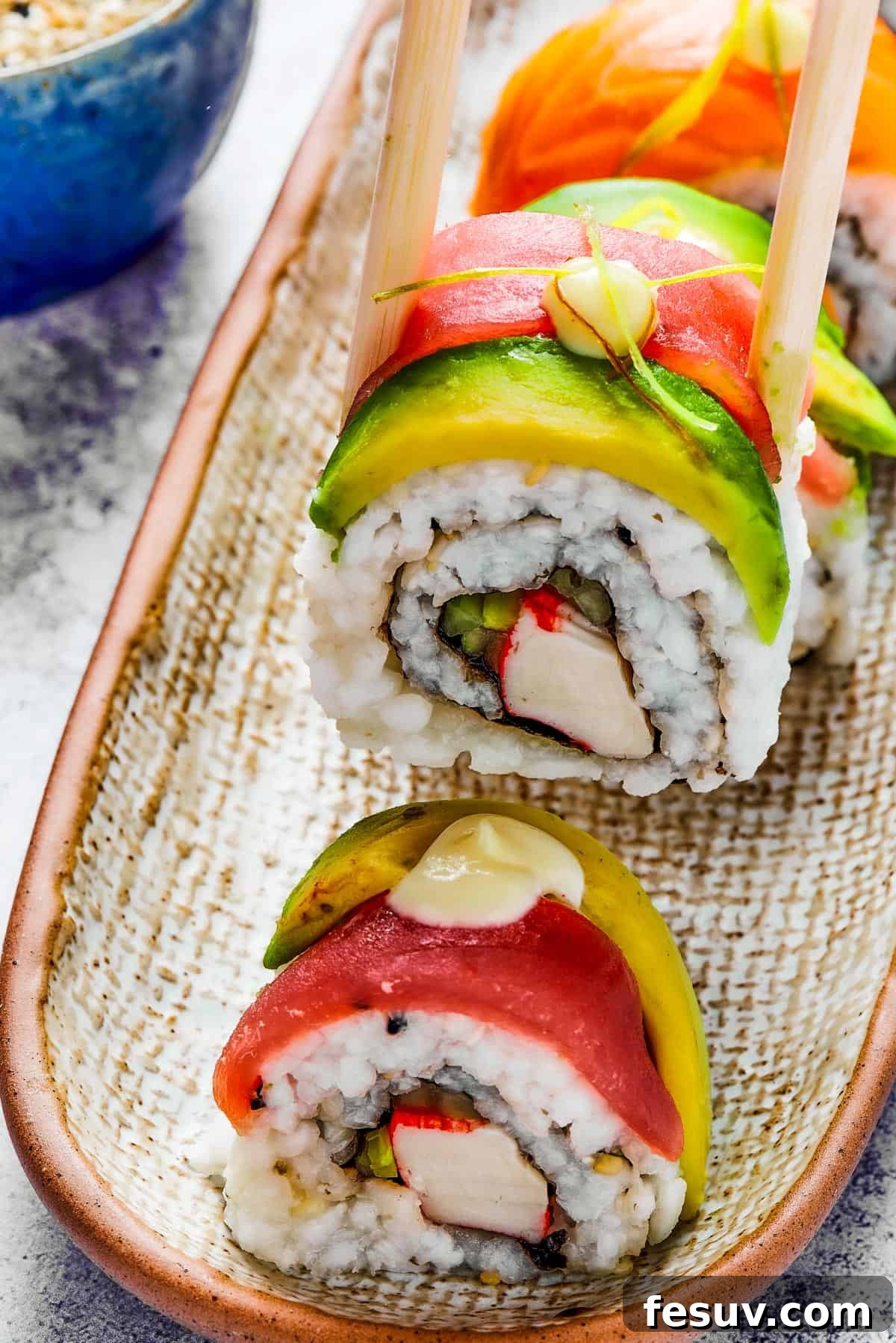 Rainbow Sushi Masterpiece 11 A bite of sushi held in a pair of chopsticks. A small plate of sushi and a container of soy sauce is in the background.