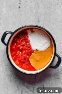 Velvety Peanut Butter Chicken 4 Crushed tomatoes, peanut butter, and coconut milk in a large pot.