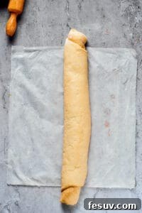 A long, rolled-up piece of yeast dough on a sheet of parchment, next to a rolling pin.