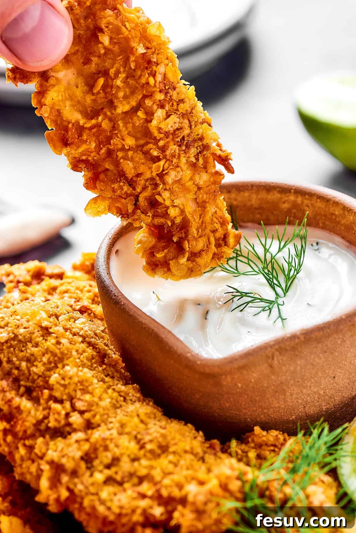 A golden piece of air fryer chicken tempura being dipped into a creamy, savory sauce, highlighting its crispy texture.