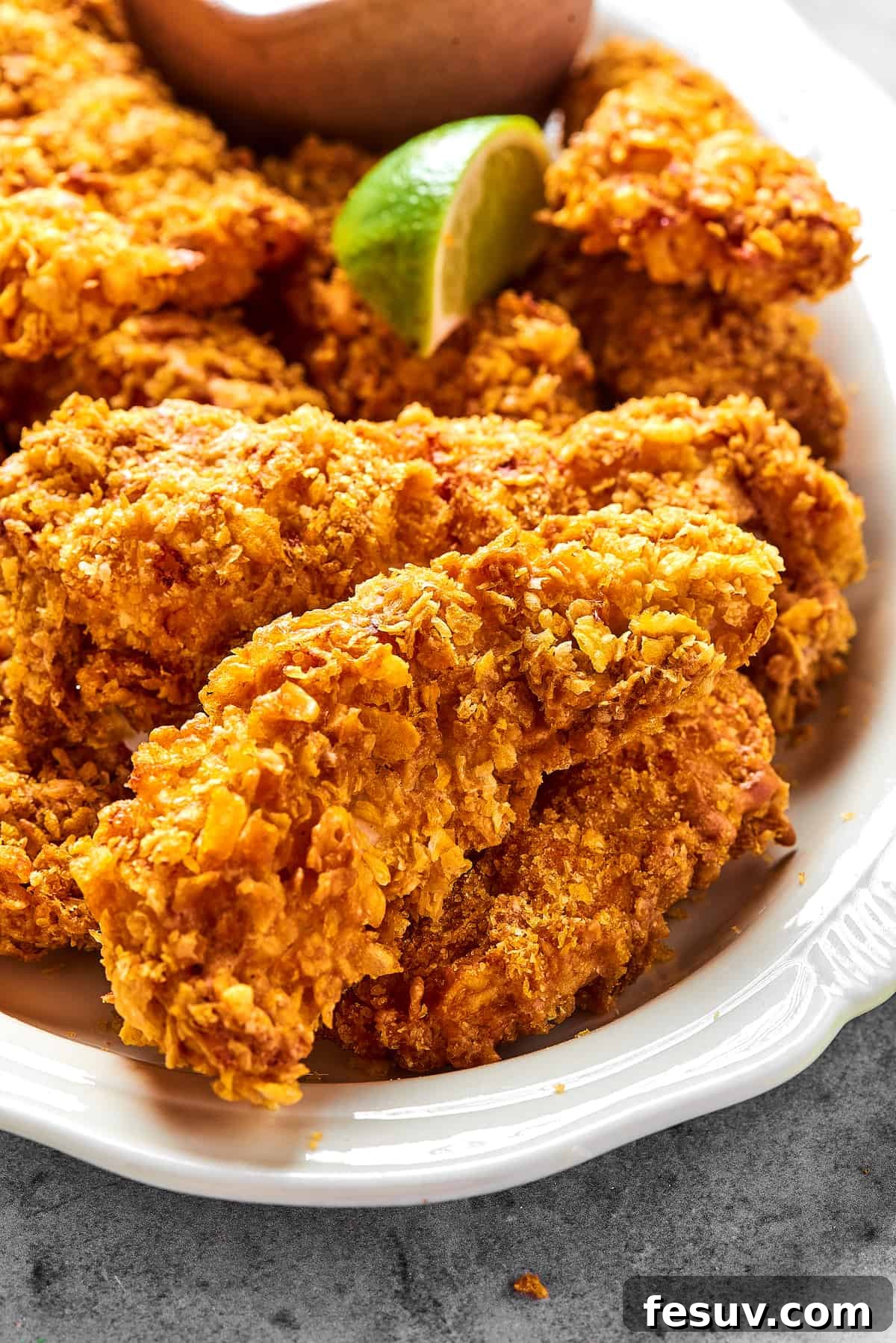 A close-up shot of golden brown air fryer chicken tempura, showcasing the light and crispy texture of the batter.
