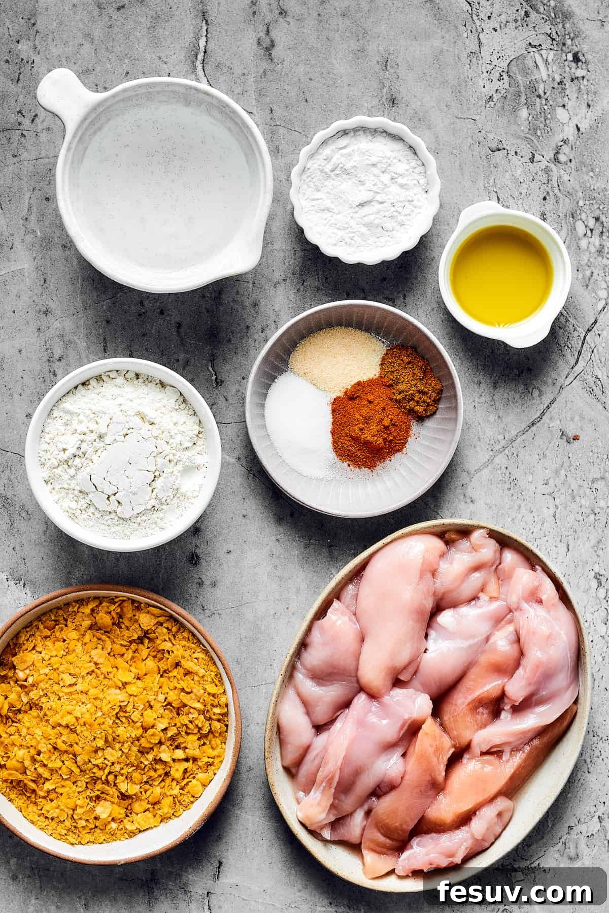 A flat lay of all the fresh ingredients required for making air fryer chicken tempura, including chicken breast strips, various flours, seasonings, olive oil, and corn flakes.