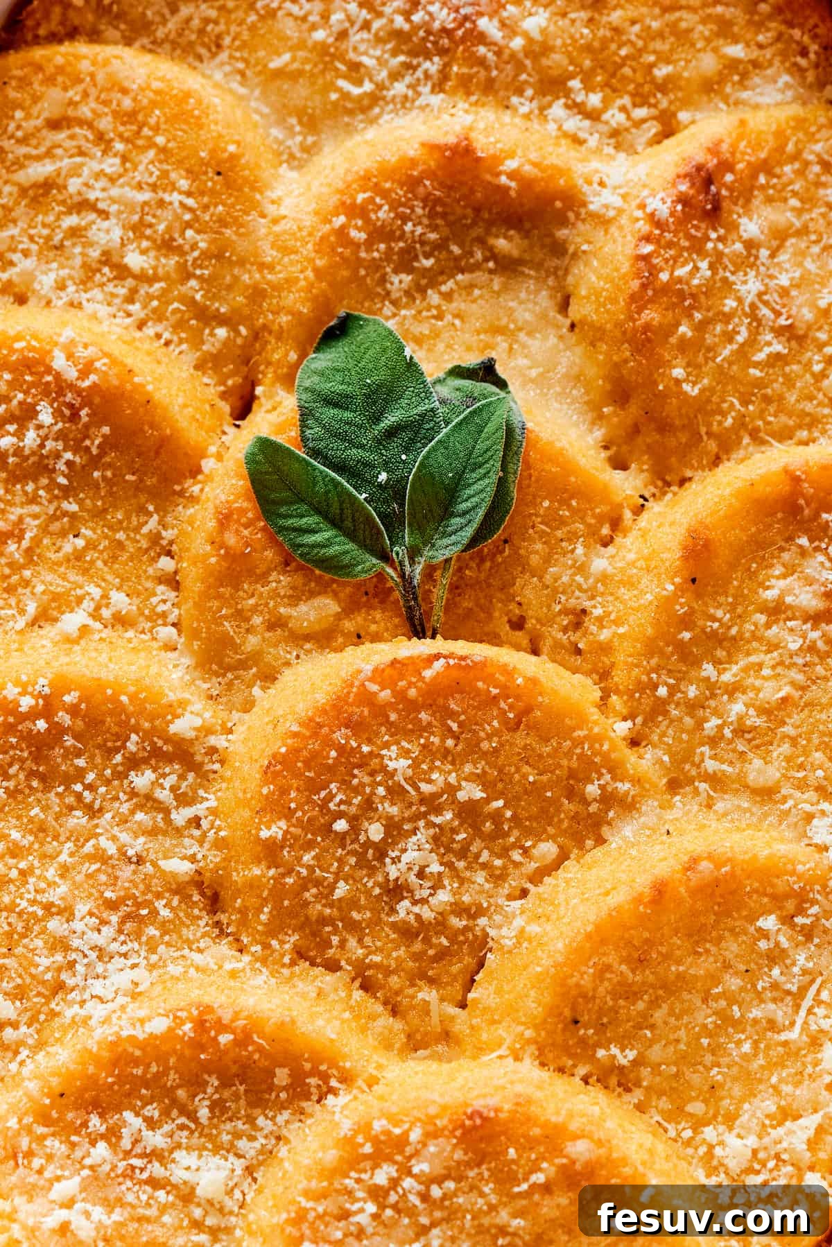 Close-up shot of layered semolina gnocchi, baked crispy with Parmesan cheese and garnished with sage, highlighting the textures.