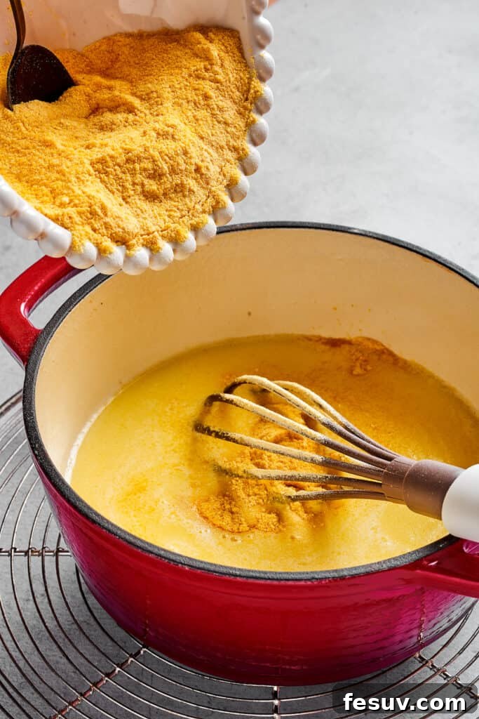 Semolina being stirred into a pot of liquid, showing the early stages of dough formation.