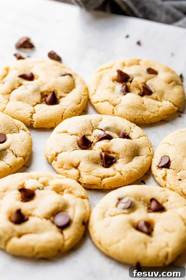 A close-up view of two rich, golden-brown chocolate chip cookies, showcasing their melted chocolate and soft, inviting texture on a cooling rack.