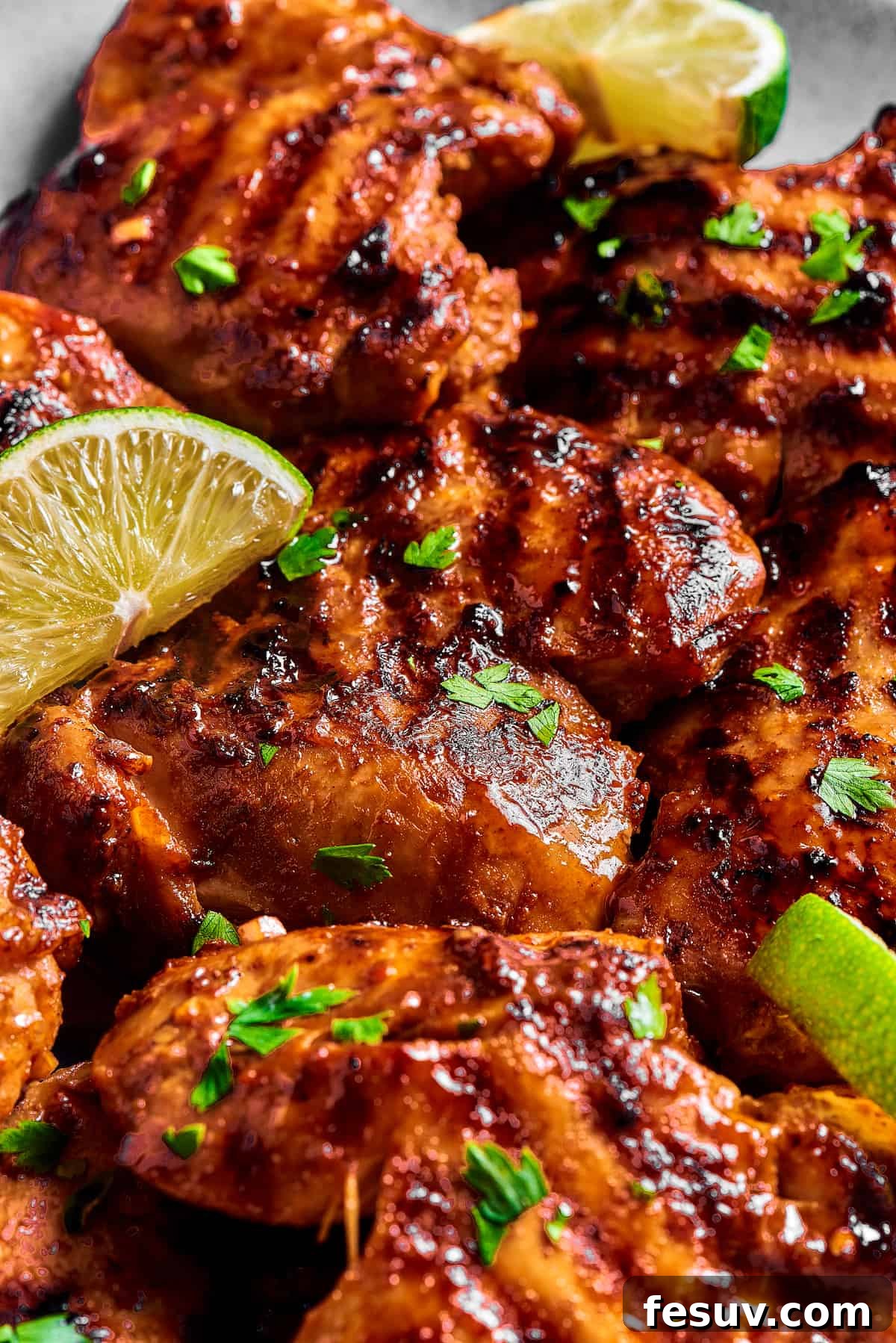 A close-up photograph of grilled chicken, highlighting the distinct char marks and the appealing, sticky glaze from the marinade.