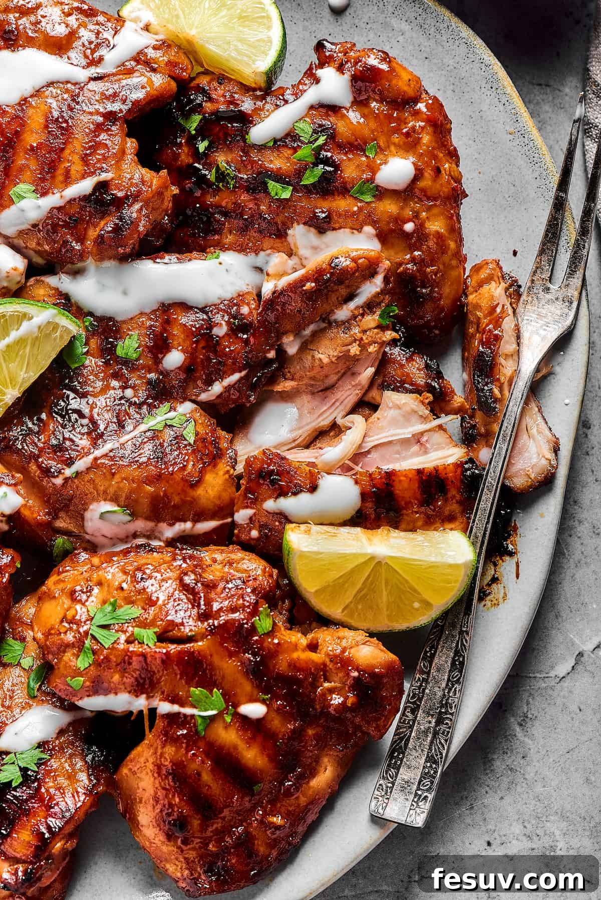 Close-up of yogurt-drizzled, marinated grilled chicken thighs, garnished with fresh herbs.