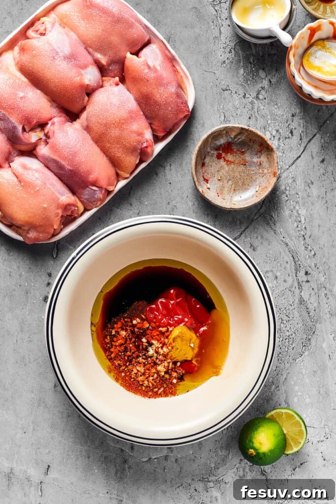 A platter of raw, boneless skinless chicken thighs, positioned next to several small dishes containing individual marinade ingredients, now emptied into a larger mixing bowl.