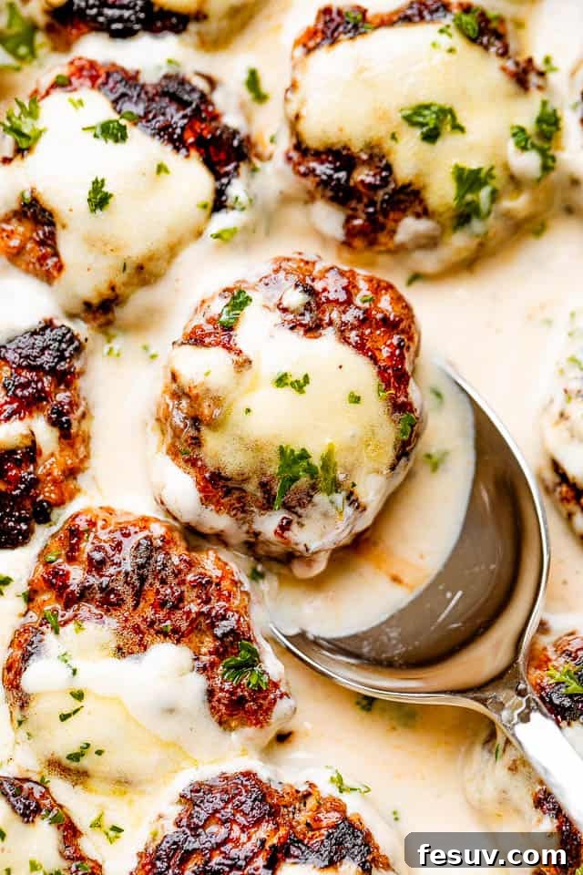 These homemade Swedish meatballs are bite size balls of beef and pork smothered in a rich, creamy gravy. A comforting and belly warming meal! Close-up of homemade Swedish meatballs generously coated in creamy gravy, garnished with fresh dill, ready to serve