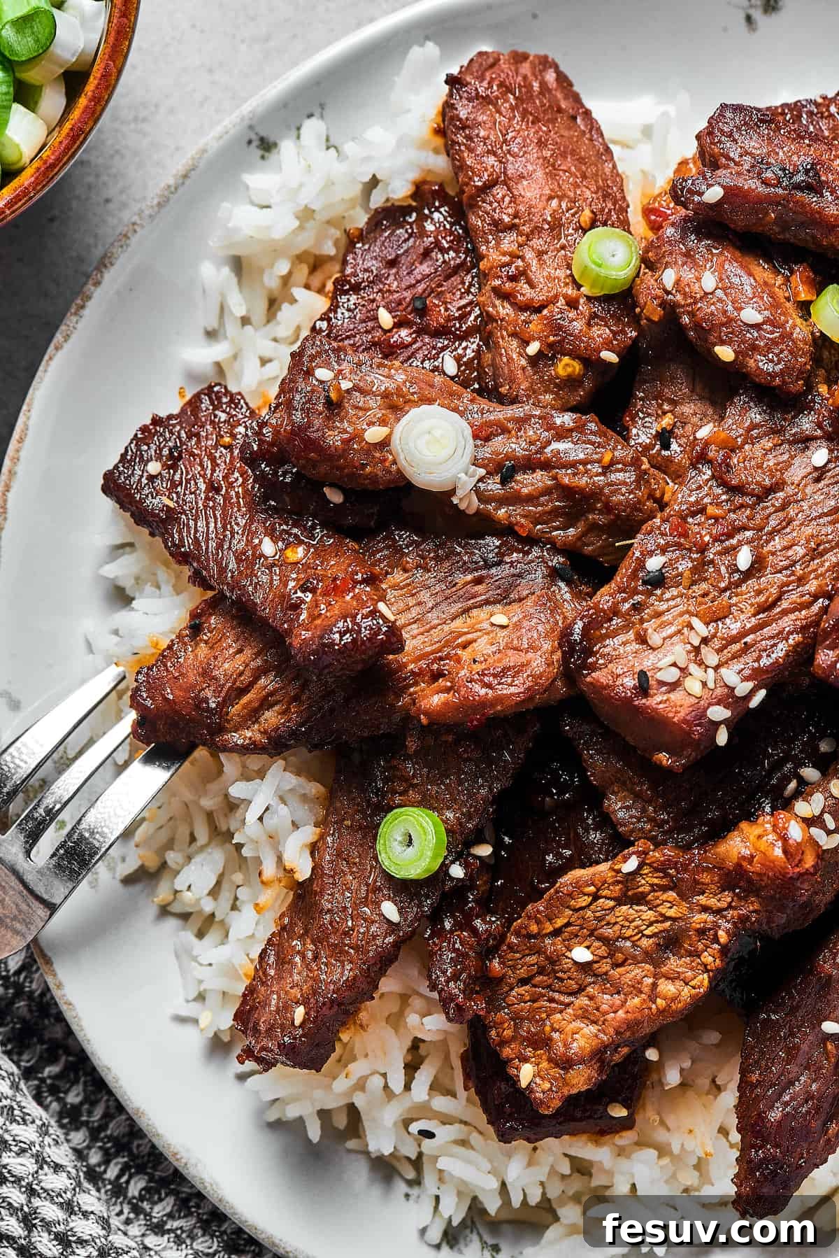 Korean BBQ steak slices on a plate of rice.