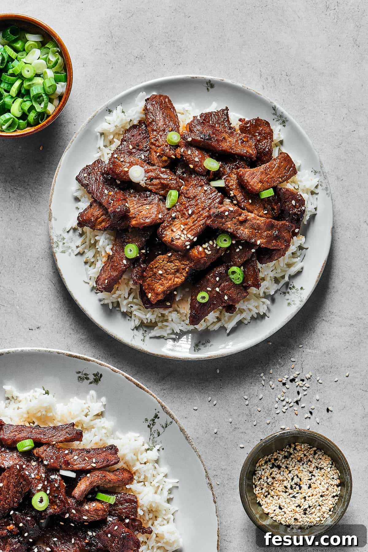 Cooked steak slices on a bed of rice, with garnishes of green onion and sesame seeds.