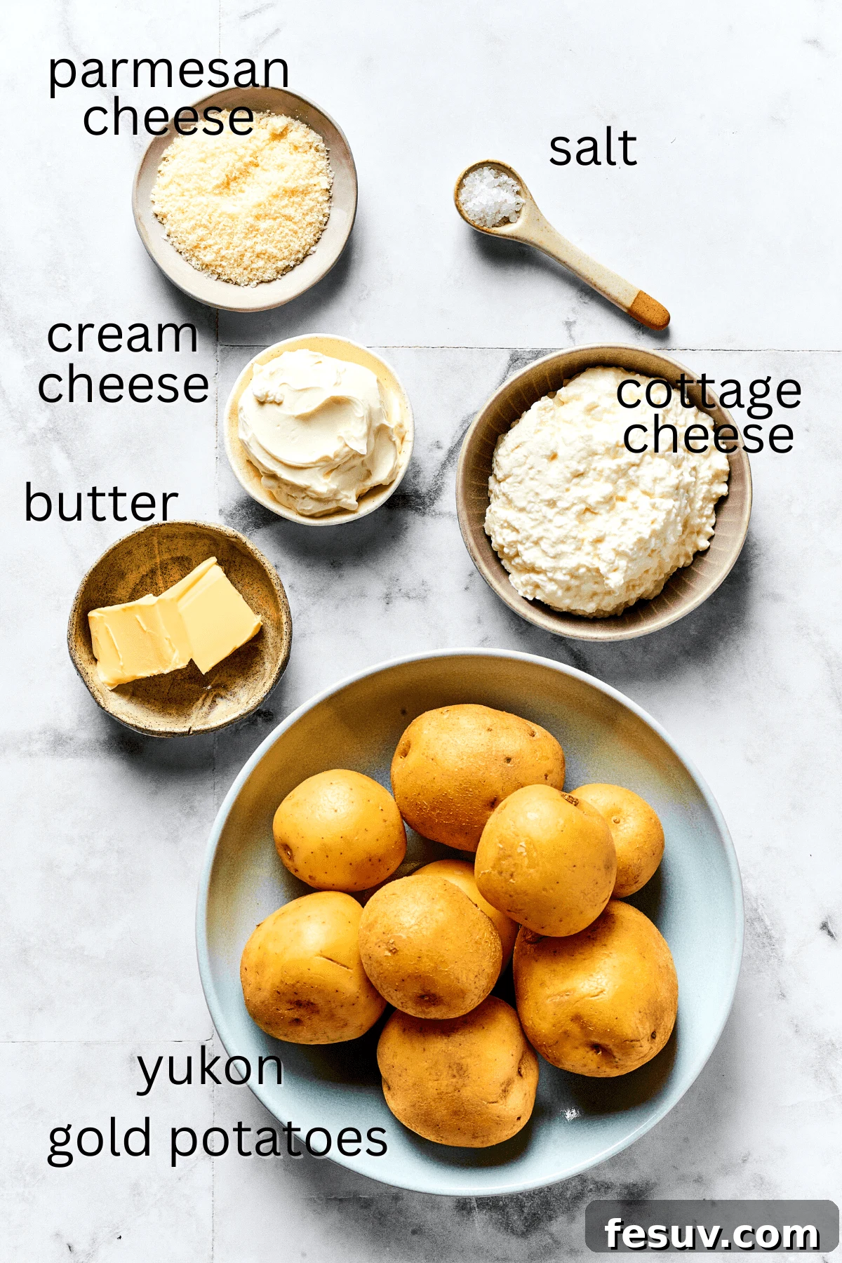 Topped with caramelized onion and crispy bacon, this easy Homemade Pierogi Recipe features a traditional cheese and potato filling. Yum! Ingredients for potato-cheese filling: Parmesan cheese, salt, sour cream, cottage cheese, butter, and Yukon Gold potatoes.
