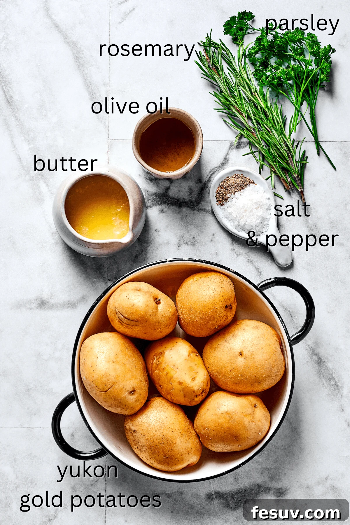 ed Potatoes are crisp, buttery, and easy to make. With a simple seasoning of salt, pepper, and rosemary, they're irresistible! From top: Fresh herbs, oil, melted butter, salt and pepper, potatoes.