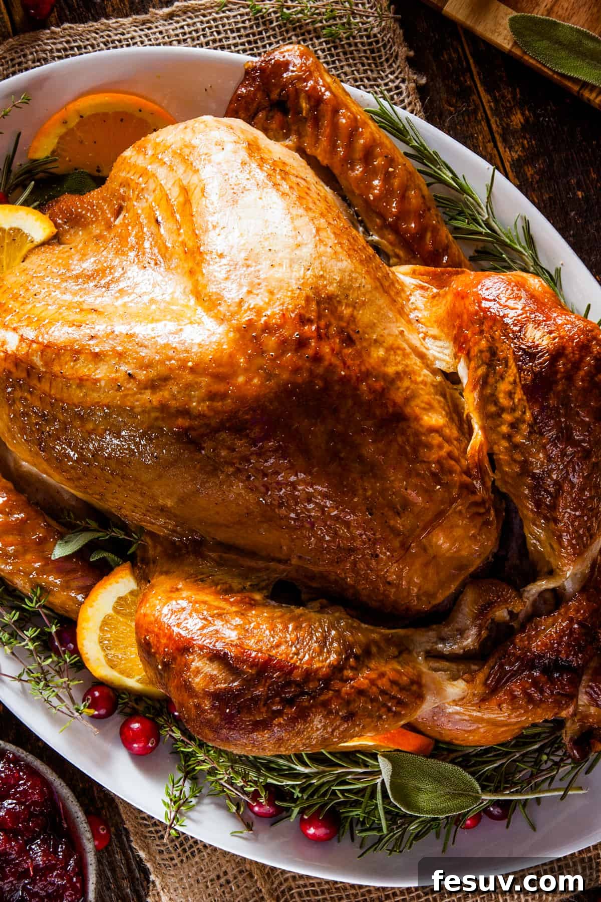 Classic Roast Turkey with Stuffing, fresh herbs, and a pretty pumpkin garnish is easy to make from scratch. The perfect Turkey Day feast! A glorious roasted Thanksgiving turkey served on a large platter, beautifully garnished with fresh citrus slices and an assortment of vibrant green herbs, ready to be carved and enjoyed.