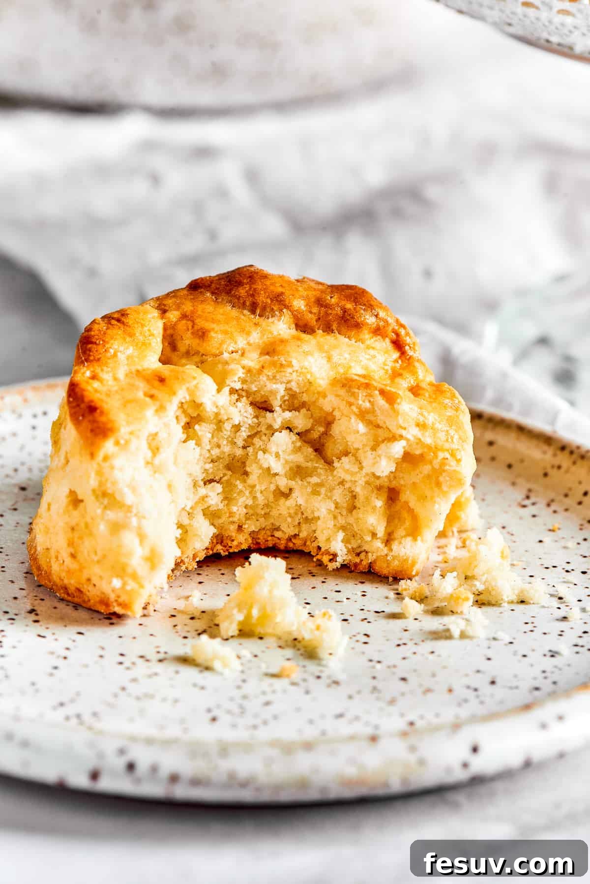 Easy Homemade Biscuits are a buttery, flaky must-have for special meals, and they are so simple to make! Fluffy, melt-in-your-mouth biscuits. A single homemade biscuit, with a bite taken out, rests on a small white plate, showing its inviting texture and golden crust.