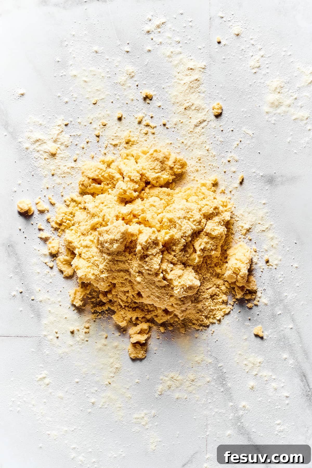 Effortless Fluffy Biscuits 5 The partially mixed biscuit dough, with its crumbly yet cohesive texture, rests on a pristine marble work surface, lightly floured.