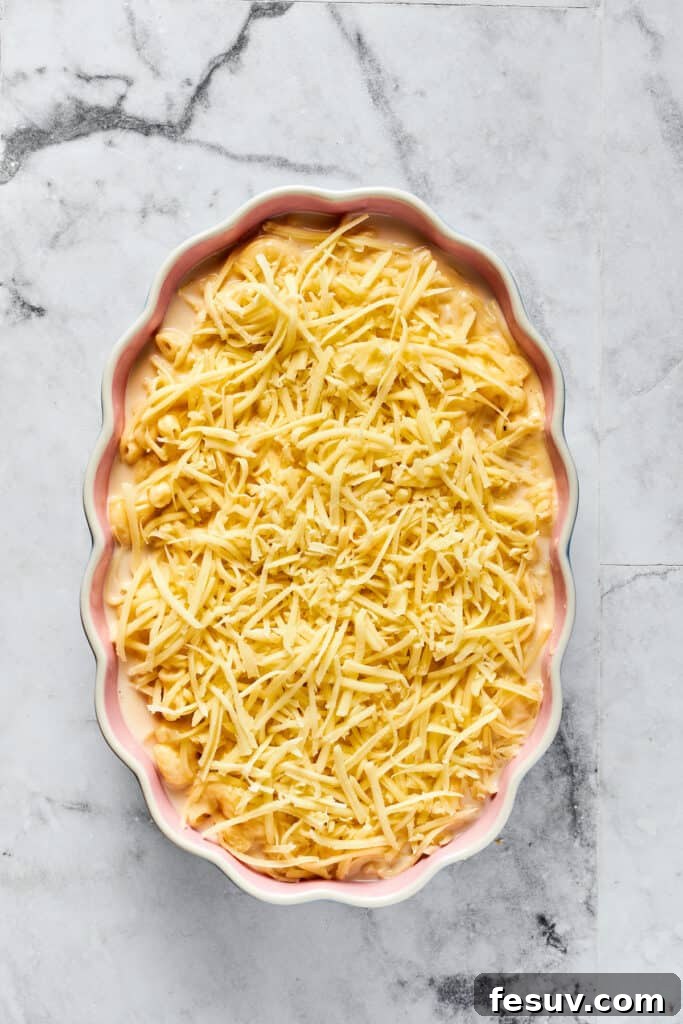 Golden Crusted Macaroni Delight 7 An unbaked casserole dish filled with macaroni and cheese, generously topped with an even layer of shredded mozzarella cheese, ready for the oven.