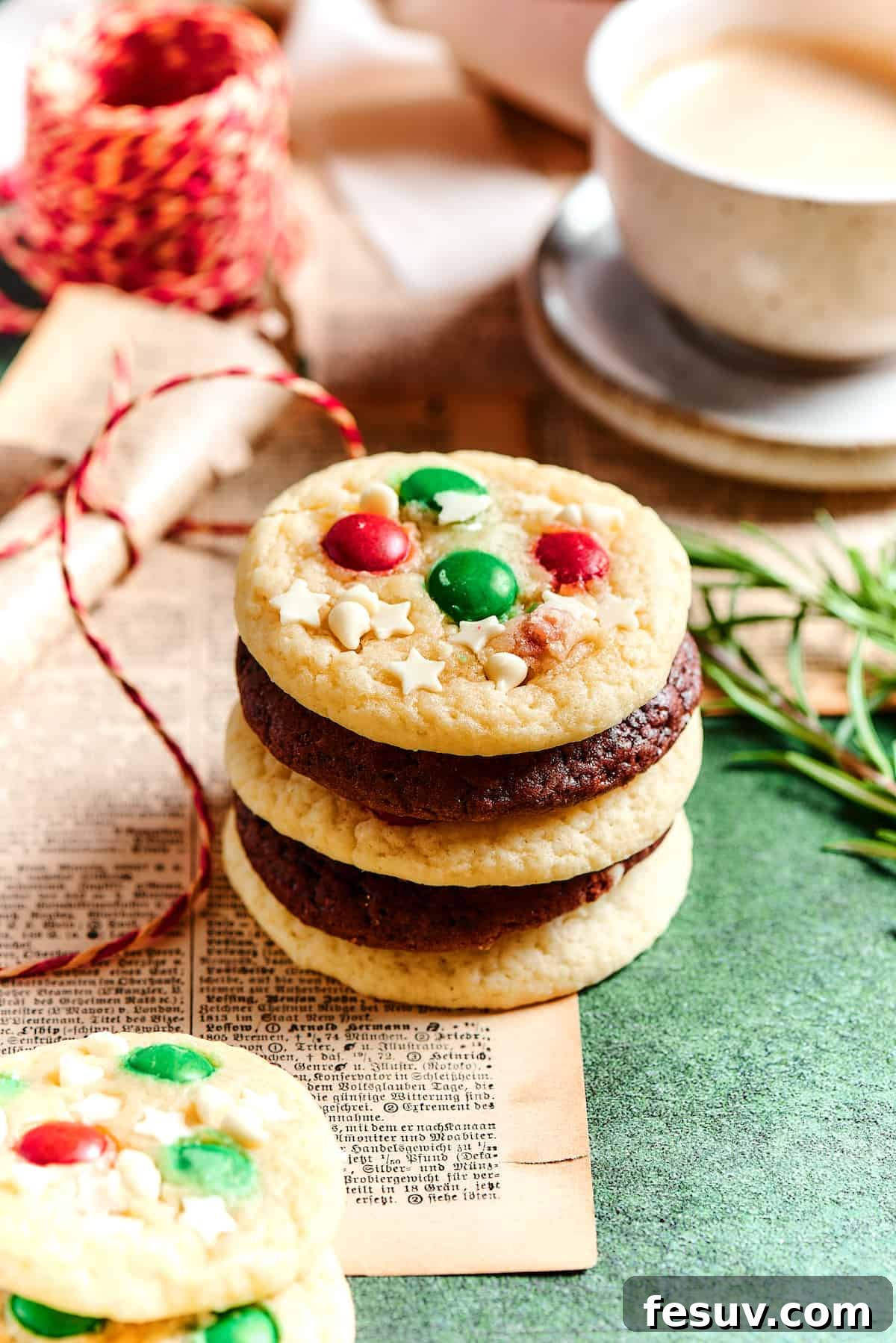 A neat stack of alternating chocolate and vanilla cake mix cookies, showcasing their inviting textures.
