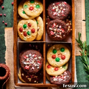 Chocolate and vanilla Christmas cake mix cookies in a decorative box.