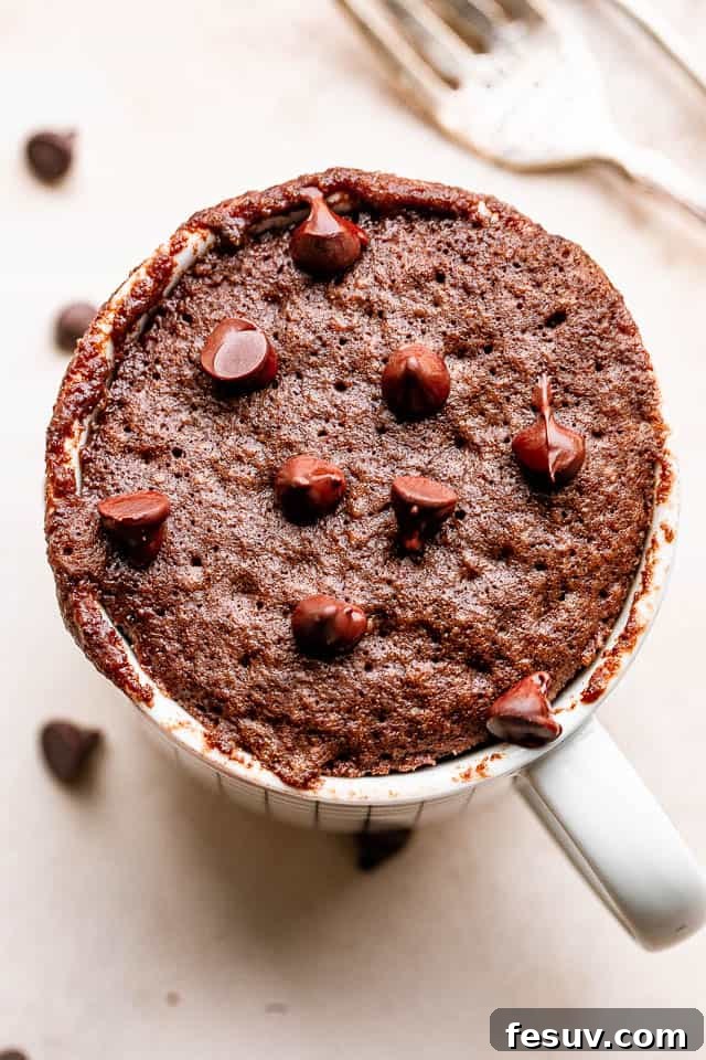 This moist and indulgent Chocolate Mug Cake cooks in one minute inside the microwave. It is the most perfect, individual-sized dessert! A close-up of a perfectly cooked chocolate mug cake, adorned with melted chocolate chips, ready for a delicious bite.
