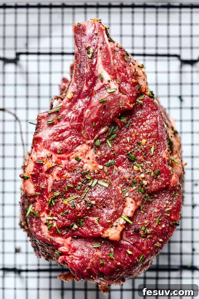 Regal Rib Roast 3 A rib roast sprinkled with seasonings on a wire rack.