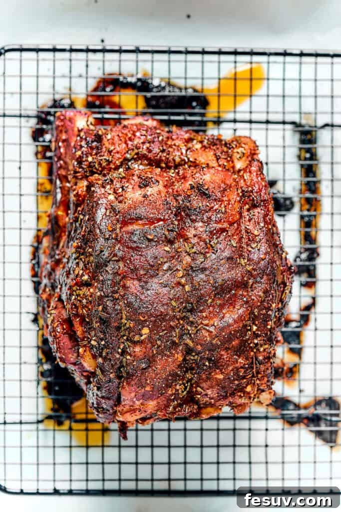 Regal Rib Roast 6 Roasted prime rib on a wire rack.