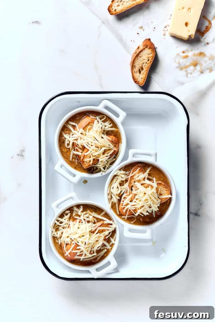 Caramelized Onion Elixir 10 Individual bowls of French onion soup, fresh from the broiler, topped with golden-brown cheesy baguette croutons.
