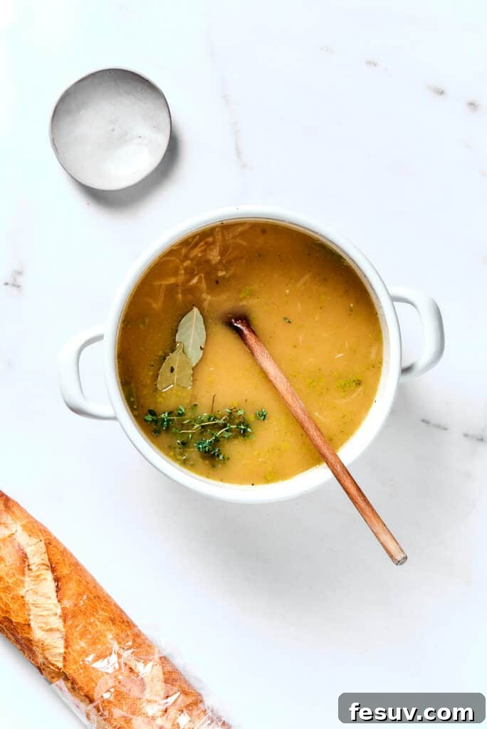 Caramelized Onion Elixir 6 French onion soup simmering in a heavy pot, with fresh bay leaves and thyme sprigs infusing the rich broth.