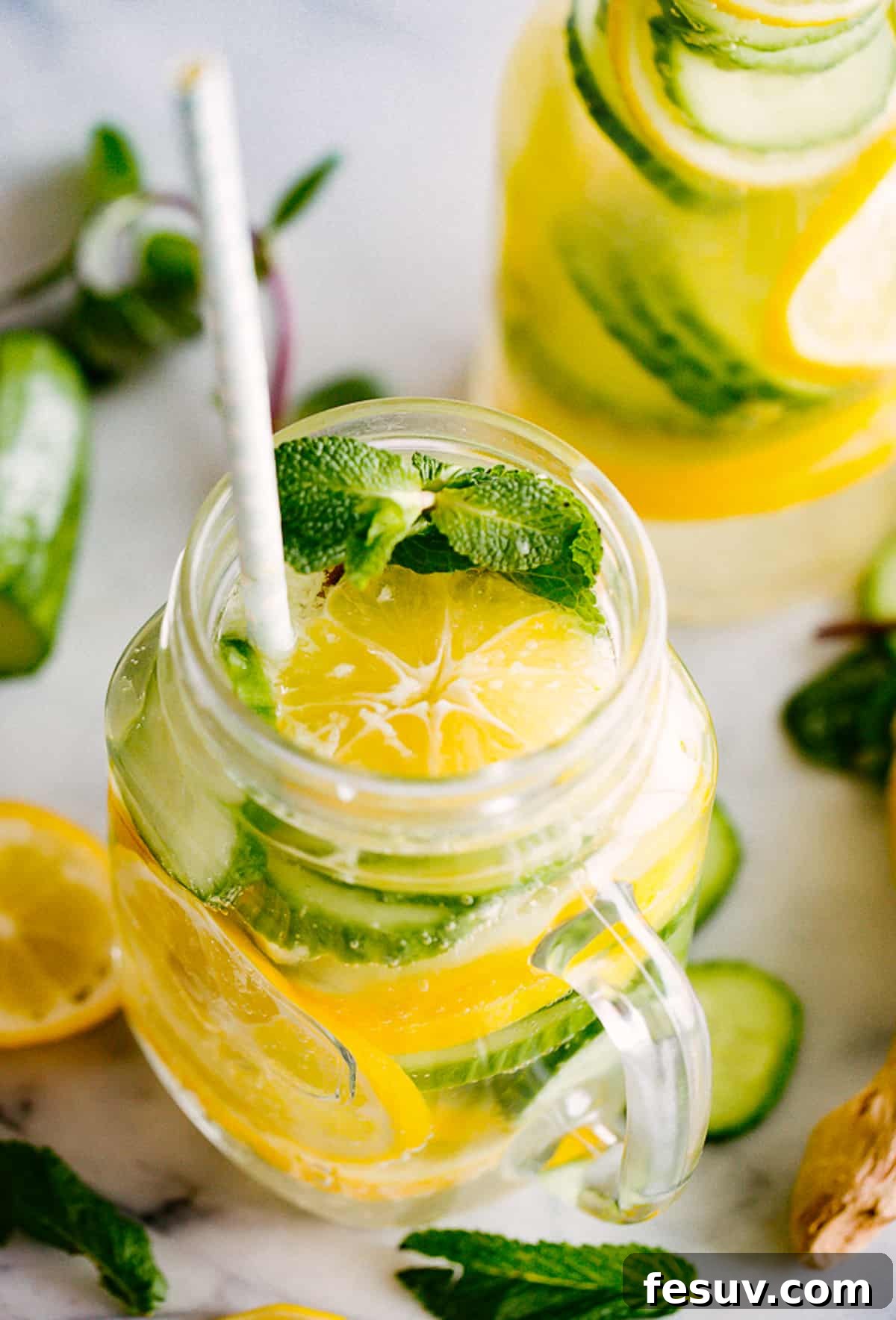 Close-up of lemon cucumber water in a mason jar glass, served with a green straw, showcasing the fresh ingredients.