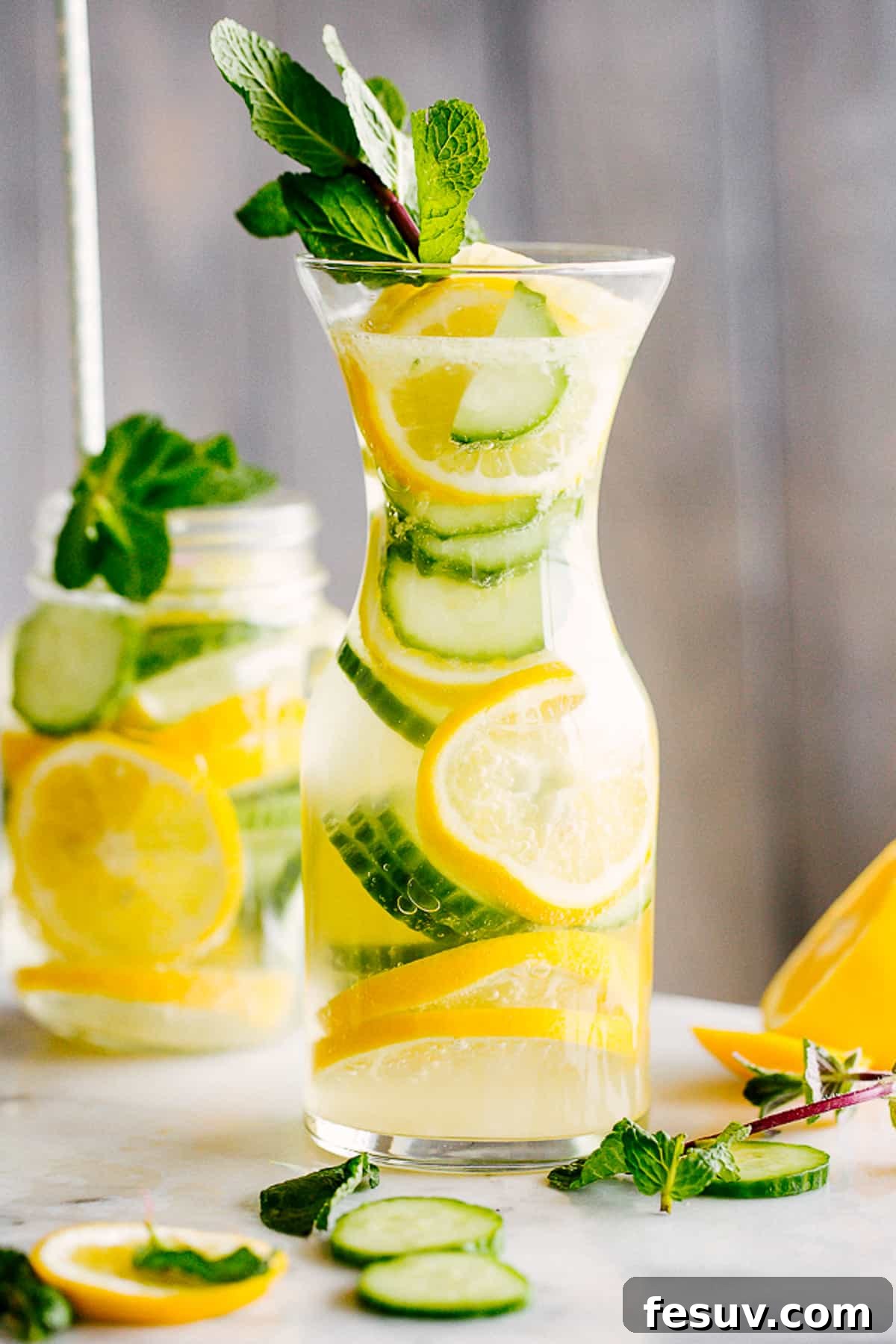 A beautifully arranged serving of cucumber lemon water in a mason jar with a handle, accompanied by a tall elegant carafe of the same drink.