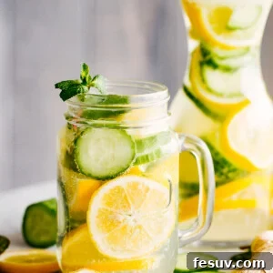 lemon cucumber water served in a mason jar with handle, and in a tall carafe
