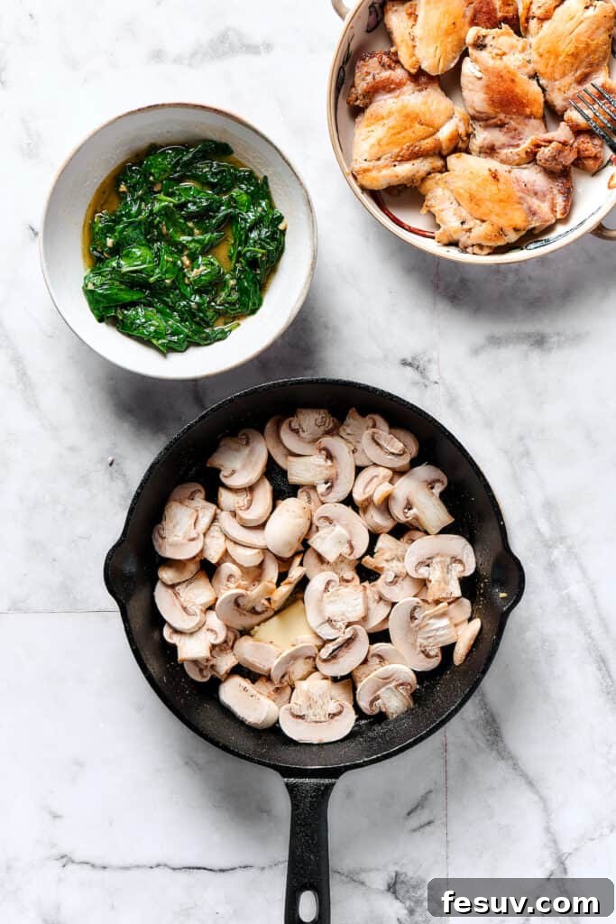 Velvety Chicken Gnocchi Delight 4 Sliced mushrooms cooking in a skillet, turning golden brown.