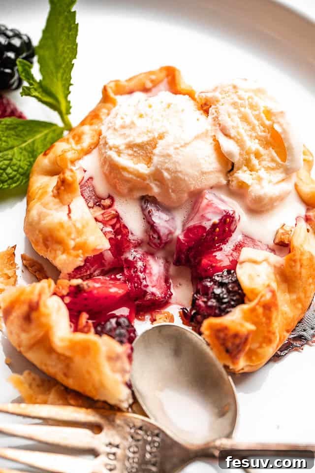 top view of an ice cream topped mini berry galette with a metal spoon and fork set on the side of it, highlighting its golden crust and creamy topping