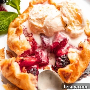 top view of an ice cream topped mini berry galette with a metal spoon and fork set on the side of it.