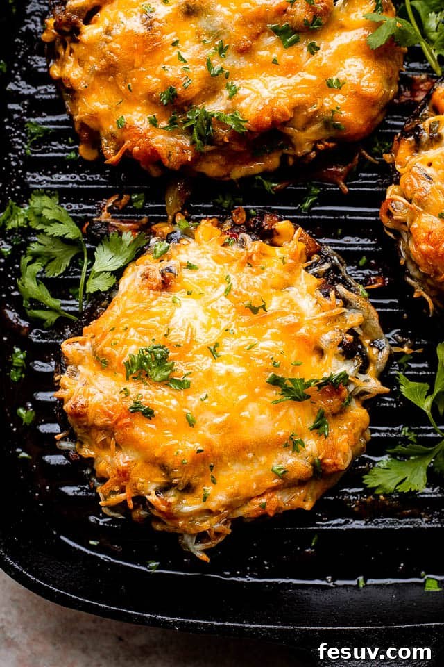 Fiesta Stuffed Portobello Caps 6 melted cheese over portobella mushrooms on the grill