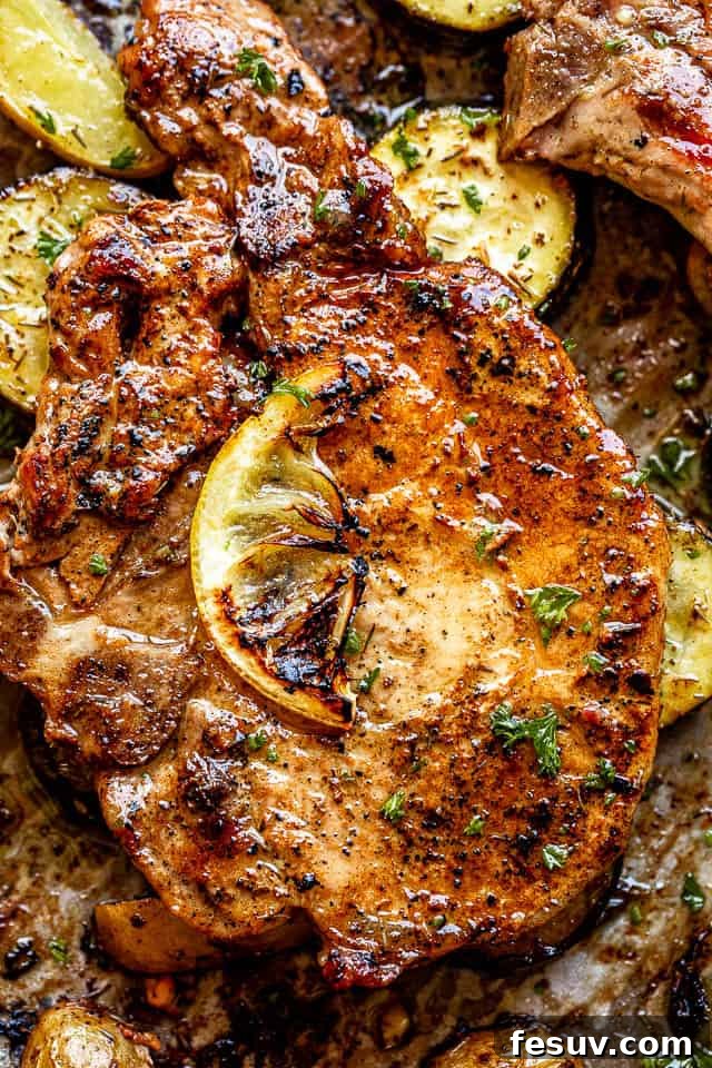 A close-up view of a perfectly baked pork chop, topped with a fresh lemon slice, showcasing its golden crust and juicy interior.