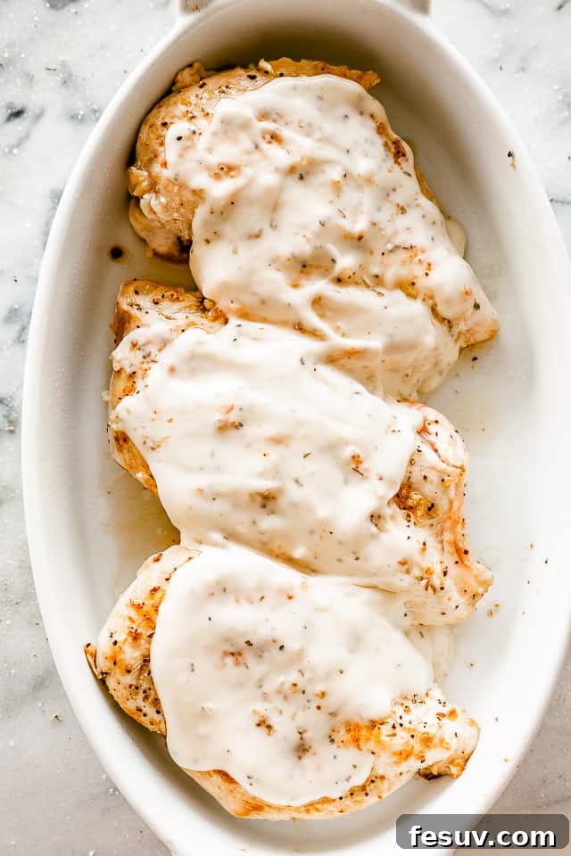 Zesty Caesar Baked Chicken 4 browned chicken breasts in a white baking dish topped with caesar dressing