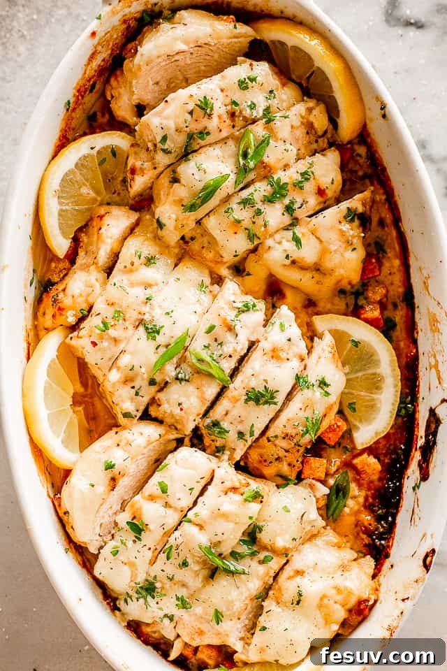 Zesty Caesar Baked Chicken 5 sliced caesar chicken breasts set in a white baking dish surrounded with lemon slices