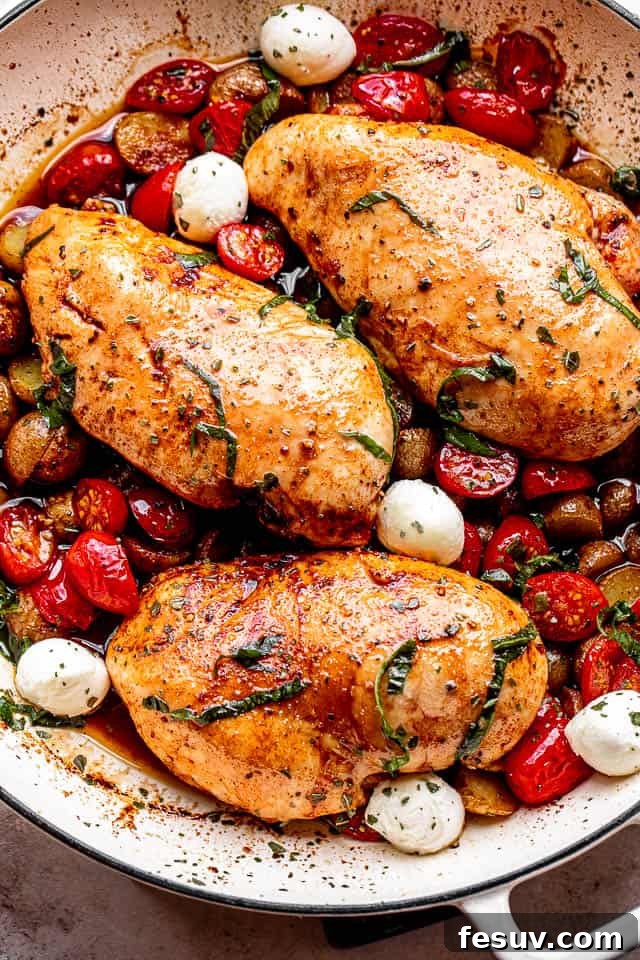 One Pan Tangy Balsamic Chicken with Golden Potatoes 3 chicken breasts brushed with balsamic vinegar and set next to cherry tomatoes, mozzarella cheese balls, and garnish of basil