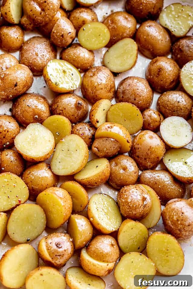 One Pan Tangy Balsamic Chicken with Golden Potatoes 4 top view of yellow potatoes cut in half