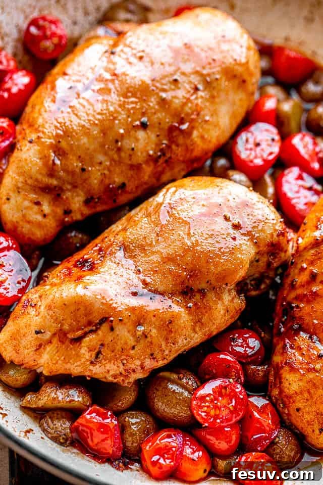 One Pan Tangy Balsamic Chicken with Golden Potatoes 5 chicken breasts set over a bed of cherry tomatoes and small potatoes