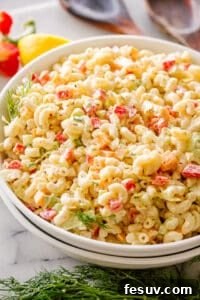 Bowl of finished macaroni salad.