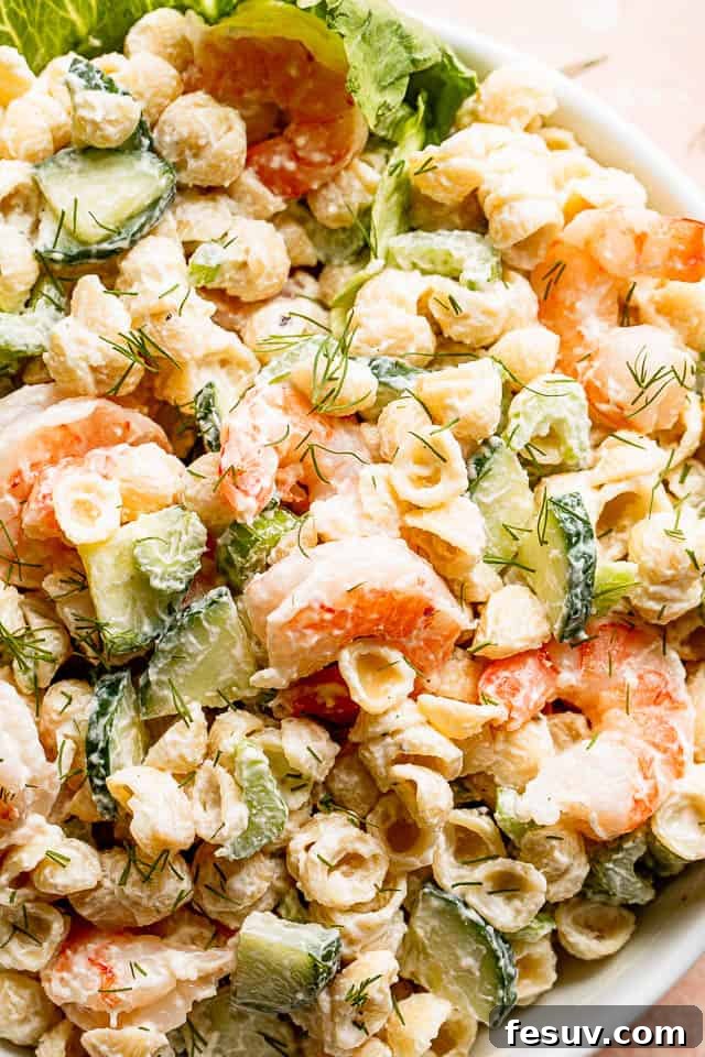 Close up top shot of Creamy Shrimp Pasta Salad studded with sliced cucumbers and plump shrimp